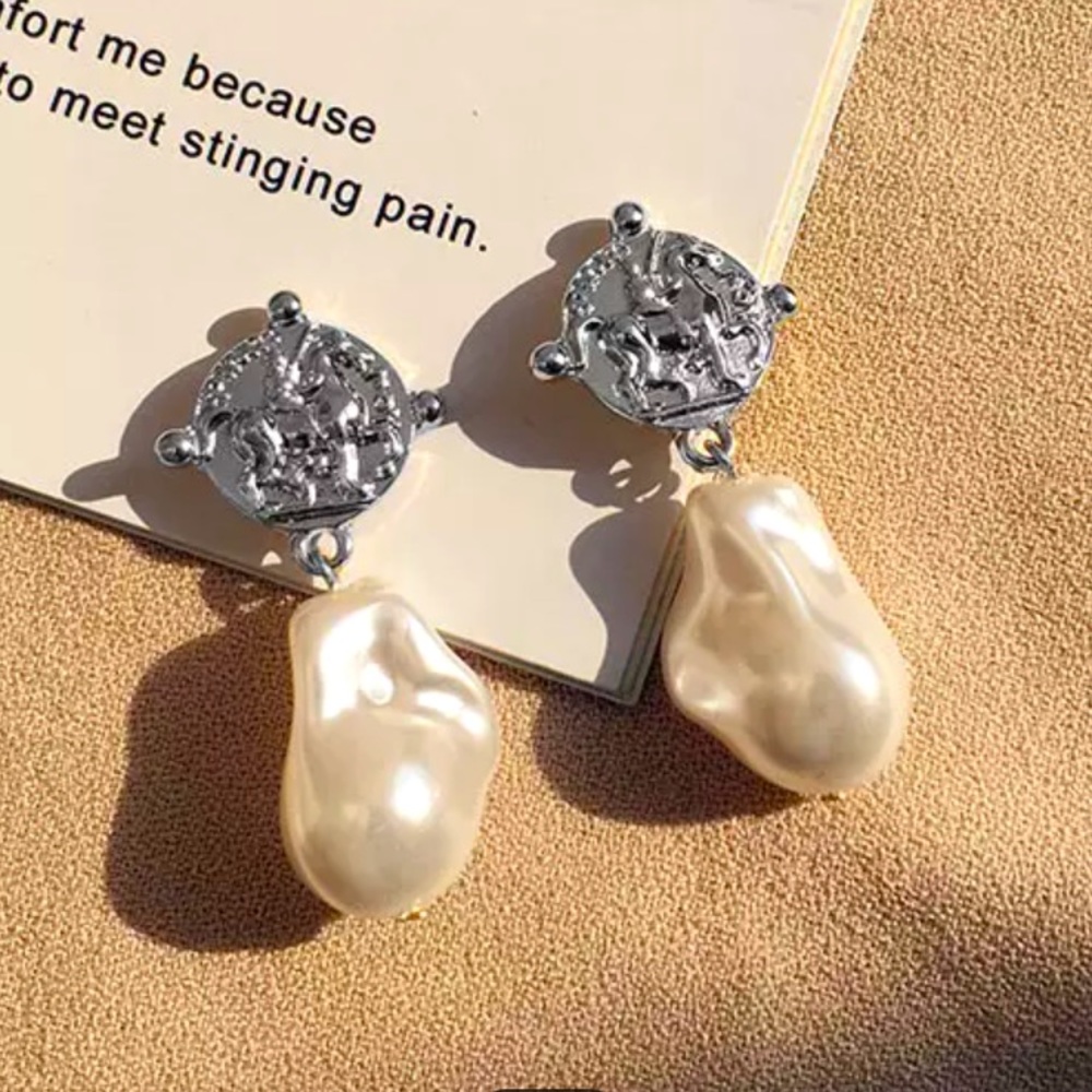 🌟 Big Baroque Imitation Pearl Silver Earrings